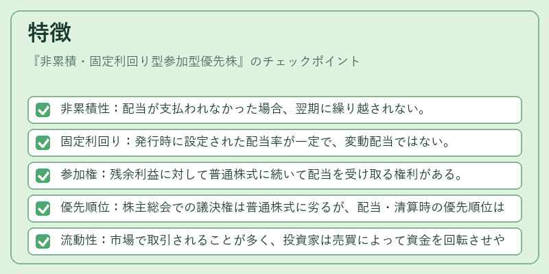 特徴(非累積・固定利回り型参加型優先株)の図解