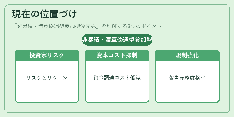 現在の位置づけ（非累積・清算優遇型参加型優先株）の図解