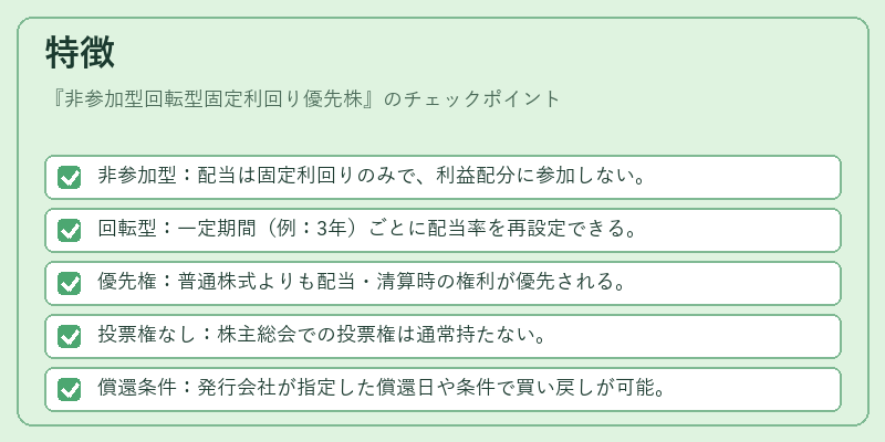 特徴（非参加型回転型固定利回り優先株）の図解