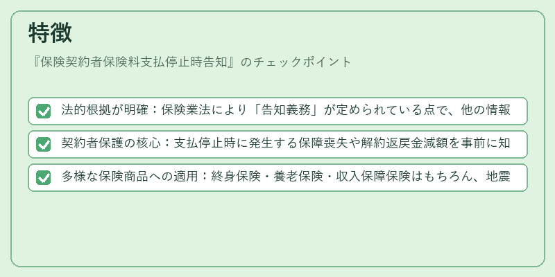 特徴（保険契約者保険料支払停止時告知）の図解