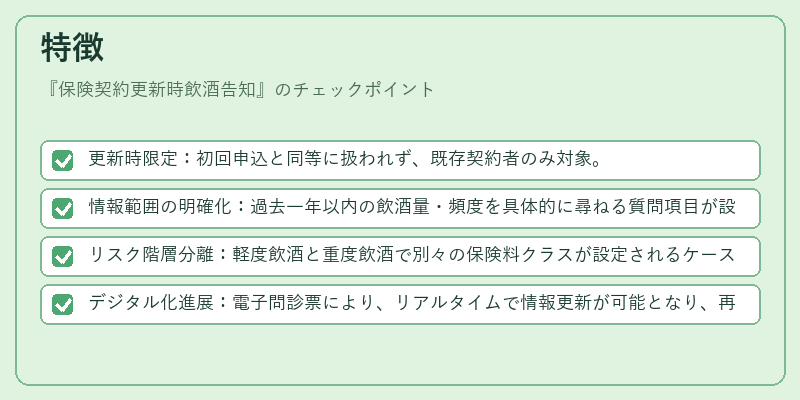 特徴（保険契約更新時飲酒告知）の図解