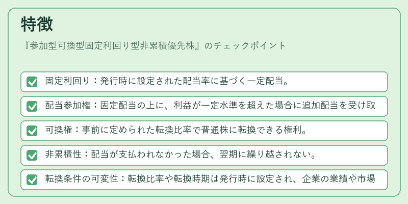 特徴(参加型可換型固定利回り型非累積優先株)の図解