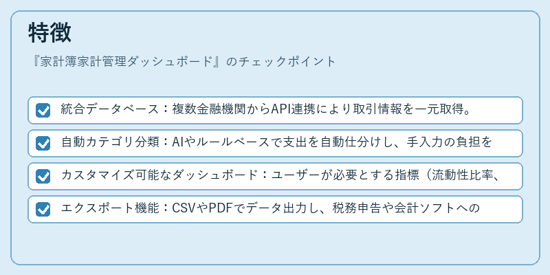 特徴（家計簿家計管理ダッシュボード）の図解
