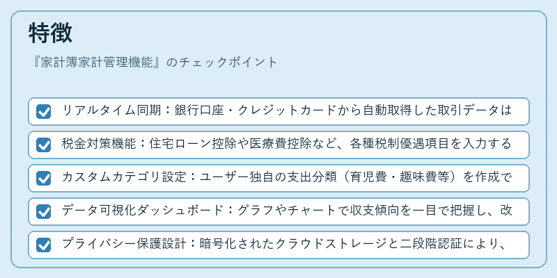 特徴（家計簿家計管理機能）の図解