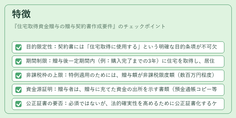 特徴（住宅取得資金贈与の贈与契約書作成要件）の図解