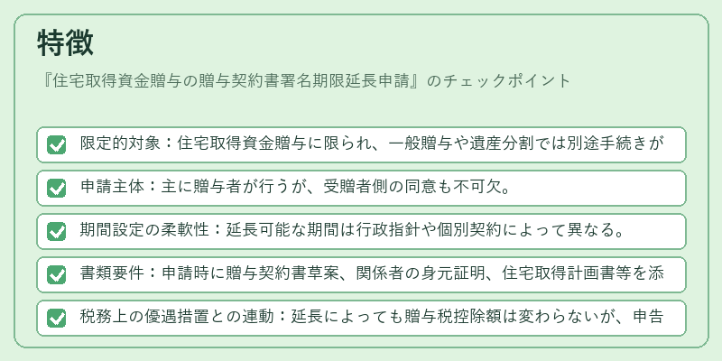 特徴（住宅取得資金贈与の贈与契約書署名期限延長申請）の図解