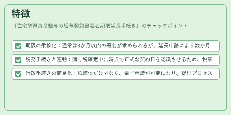 特徴（住宅取得資金贈与の贈与契約書署名期限延長手続き）の図解