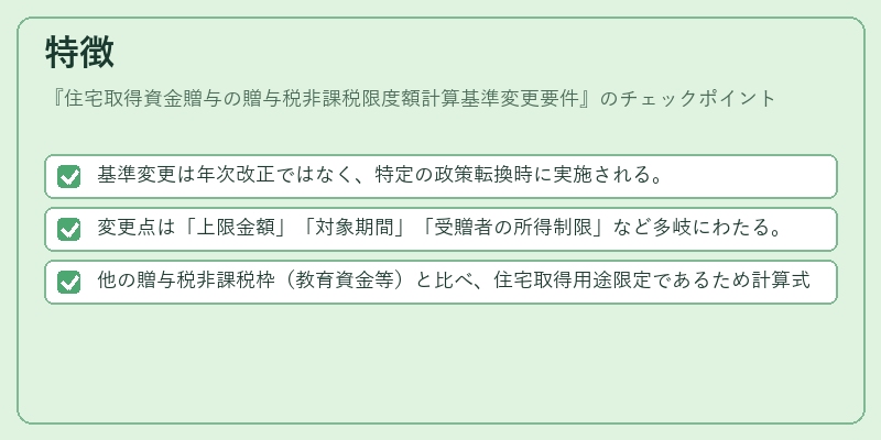 特徴（住宅取得資金贈与の贈与税非課税限度額計算基準変更要件）の図解