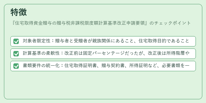 特徴（住宅取得資金贈与の贈与税非課税限度額計算基準改正申請要領）の図解