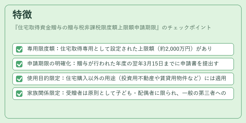 特徴（住宅取得資金贈与の贈与税非課税限度額上限額申請期限）の図解