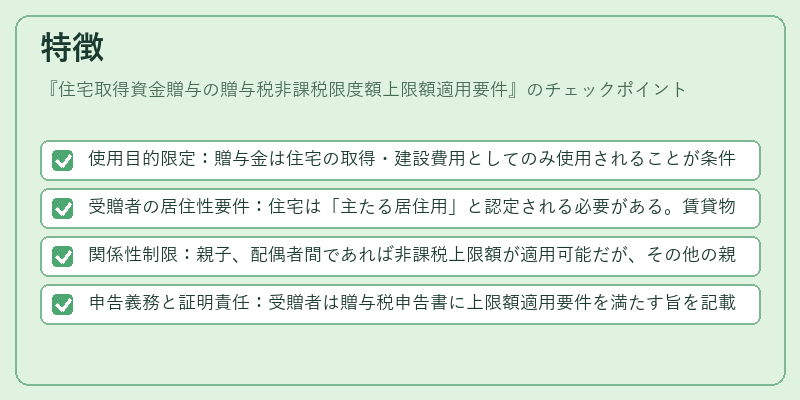 特徴（住宅取得資金贈与の贈与税非課税限度額上限額適用要件）の図解