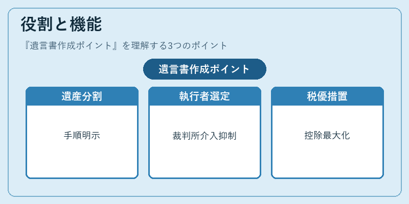 役割と機能（遺言書作成ポイント）の図解