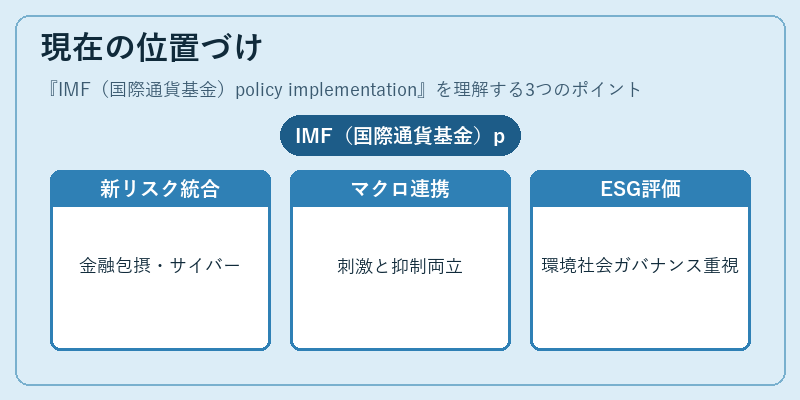 現在の位置づけ(IMF(国際通貨基金)policy implementation)の図解