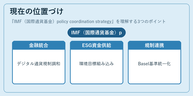 現在の位置づけ（IMF（国際通貨基金）policy coordination strategy）の図解