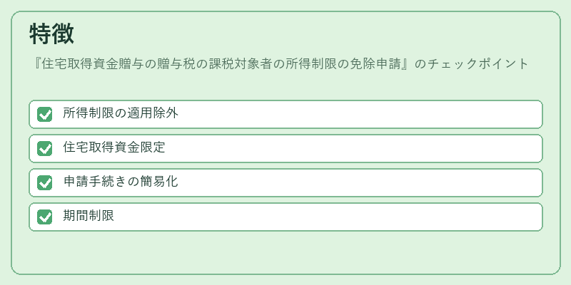 特徴（住宅取得資金贈与の贈与税の課税対象者の所得制限の免除申請）の図解