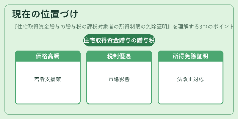 現在の位置づけ（住宅取得資金贈与の贈与税の課税対象者の所得制限の免除証明）の図解