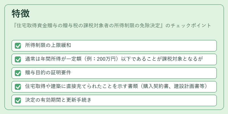 特徴（住宅取得資金贈与の贈与税の課税対象者の所得制限の免除決定）の図解