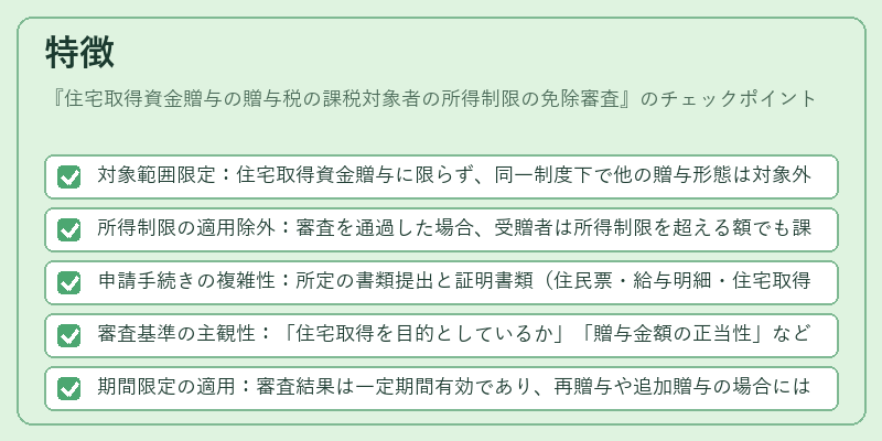 特徴（住宅取得資金贈与の贈与税の課税対象者の所得制限の免除審査）の図解