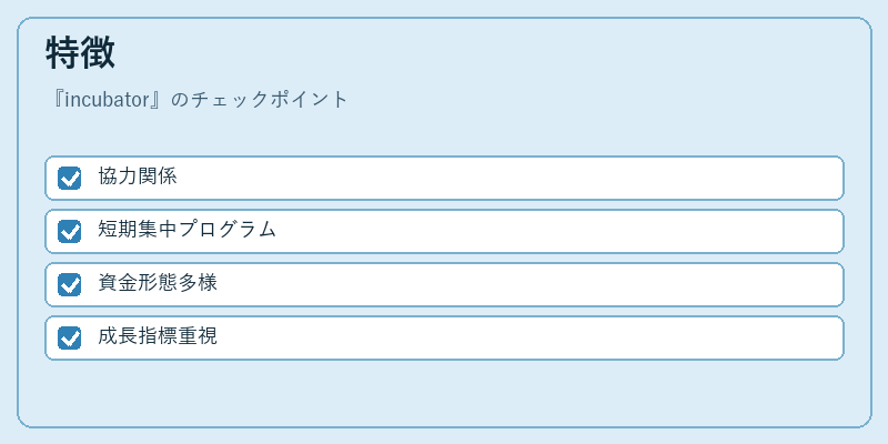 特徴（incubator）の図解