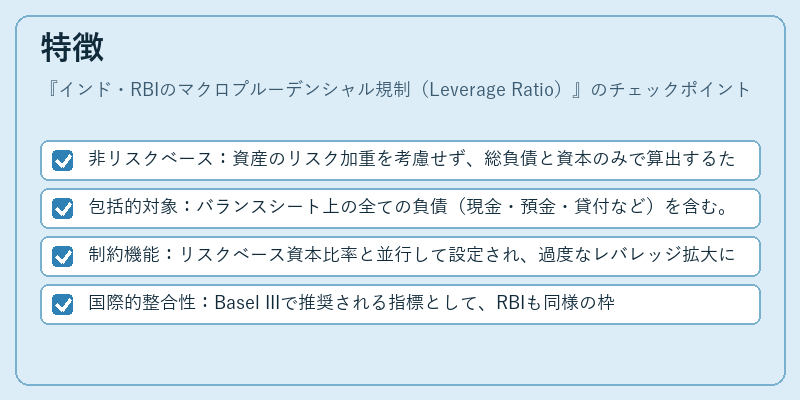 特徴（インド・RBIのマクロプルーデンシャル規制（Leverage Ratio））の図解