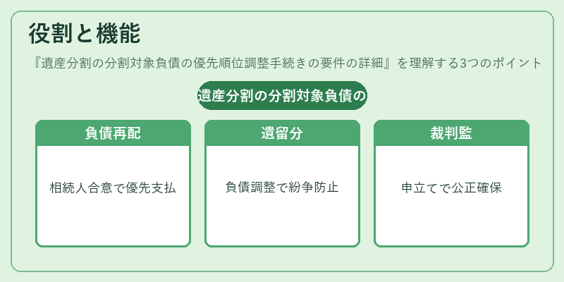 役割と機能（遺産分割の分割対象負債の優先順位調整手続きの要件の詳細）の図解