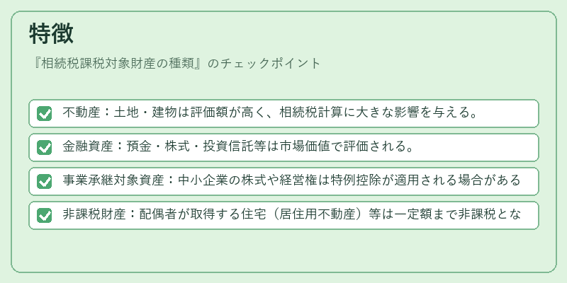 特徴（相続税課税対象財産の種類）の図解