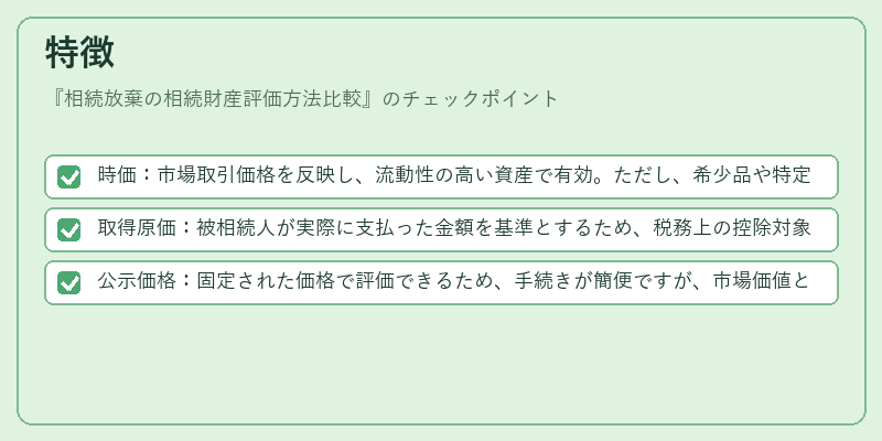 特徴(相続放棄の相続財産評価方法比較)の図解