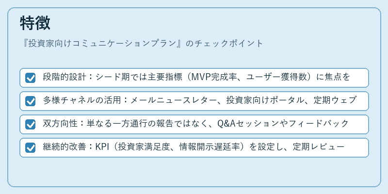 特徴（投資家向けコミュニケーションプラン）の図解