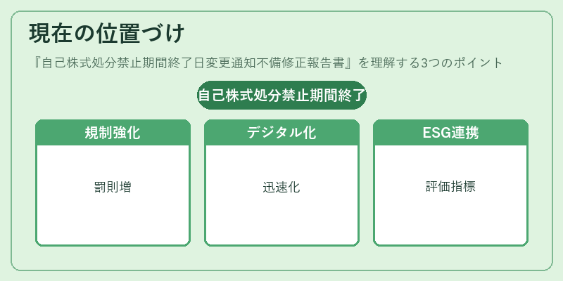 現在の位置づけ（自己株式処分禁止期間終了日変更通知不備修正報告書）の図解