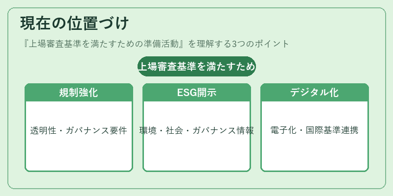 現在の位置づけ（上場審査基準を満たすための準備活動）の図解