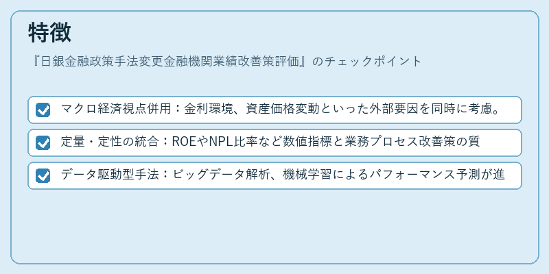 特徴（日銀金融政策手法変更金融機関業績改善策評価）の図解