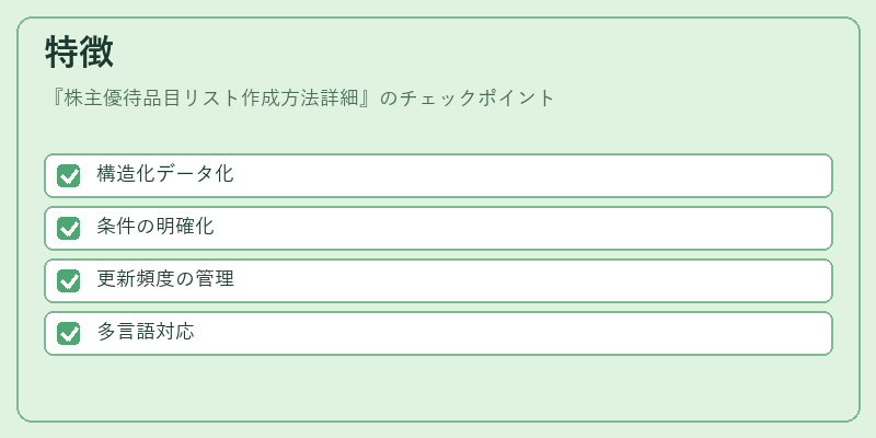 特徴（株主優待品目リスト作成方法詳細）の図解