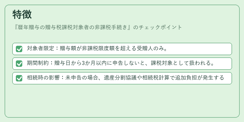 特徴（暦年贈与の贈与税課税対象者の非課税手続き）の図解