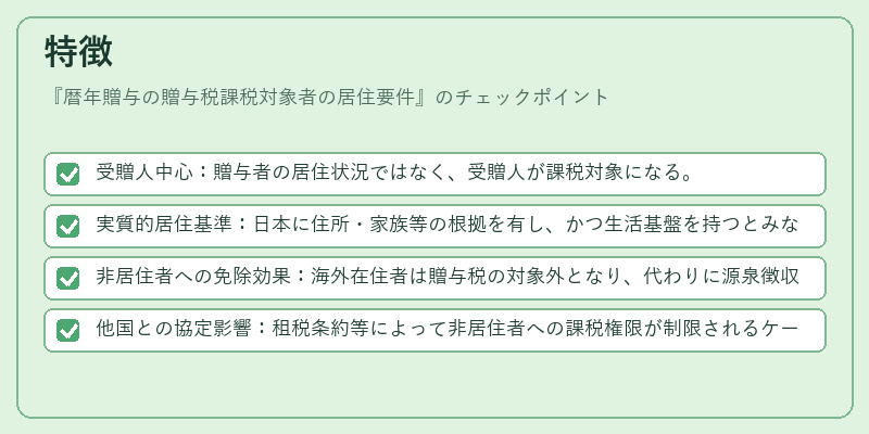 特徴（暦年贈与の贈与税課税対象者の居住要件）の図解