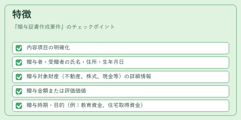 特徴（贈与証書作成要件）の図解
