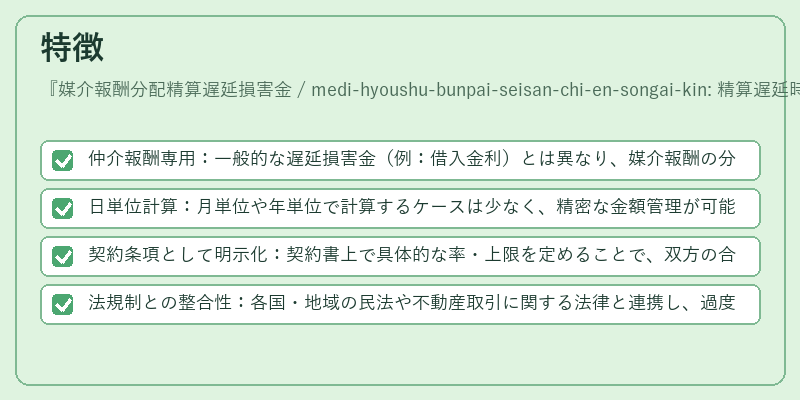 特徴（媒介報酬分配精算遅延損害金 / medi-hyoushu-bunpai-seisan-chi-en-songai-kin: 精算遅延時の損害金を定める。）の図解