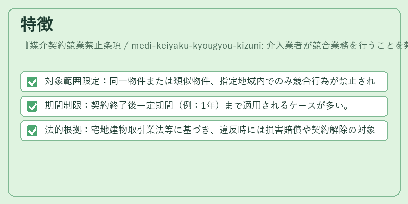 特徴（媒介契約競業禁止条項 / medi-keiyaku-kyougyou-kizuni: 介入業者が競合業務を行うことを禁止する条項。）の図解
