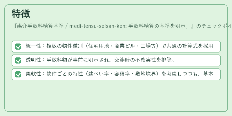 特徴(媒介手数料精算基準 / medi-tensu-seisan-ken: 手数料精算の基準を明示。)の図解