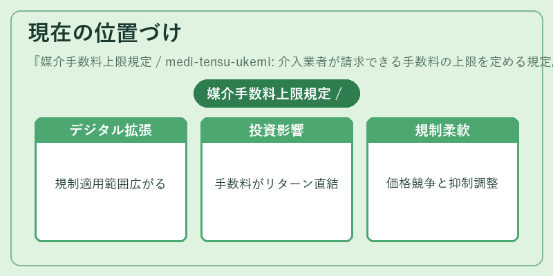 現在の位置づけ(媒介手数料上限規定 / medi-tensu-ukemi: 介入業者が請求できる手数料の上限を定める規定。)の図解