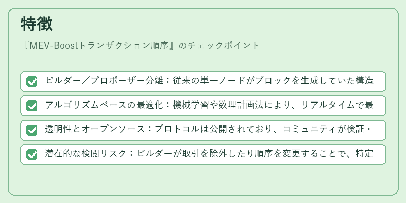 特徴(MEV-Boostトランザクション順序)の図解