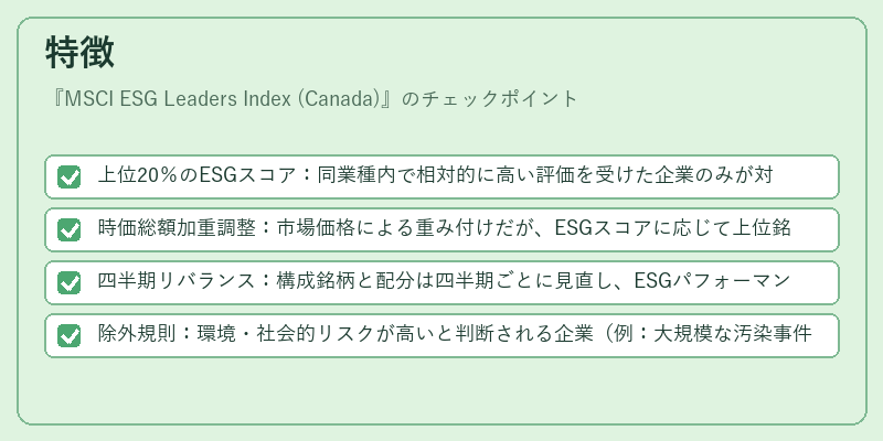 特徴（MSCI ESG Leaders Index (Canada)）の図解