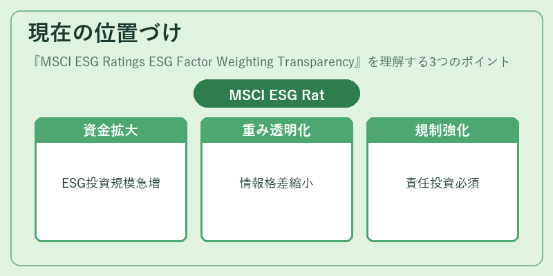現在の位置づけ(MSCI ESG Ratings ESG Factor Weighting Transparency)の図解
