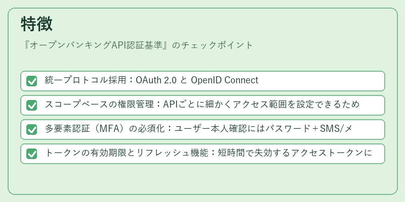 特徴（オープンバンキングAPI認証基準）の図解