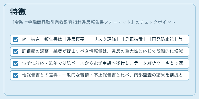 特徴(金融庁金融商品取引業者監査指針違反報告書フォーマット)の図解