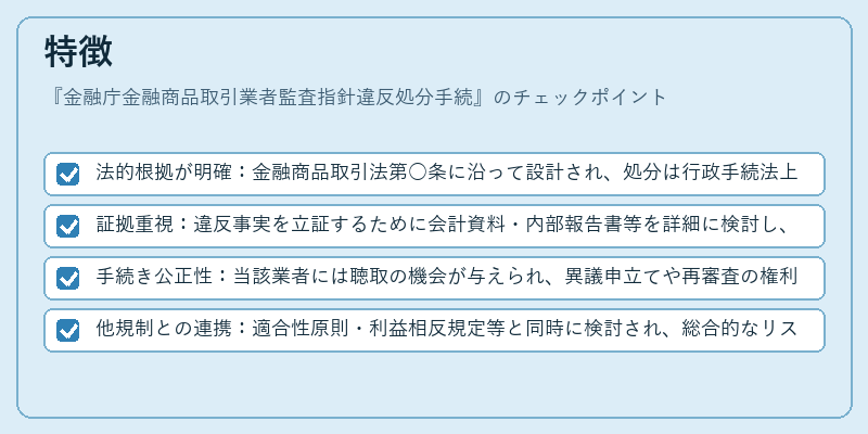 特徴（金融庁金融商品取引業者監査指針違反処分手続）の図解