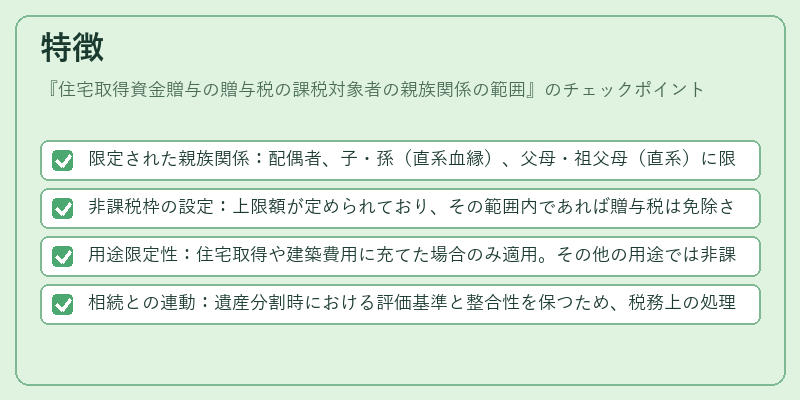 特徴(住宅取得資金贈与の贈与税の課税対象者の親族関係の範囲)の図解