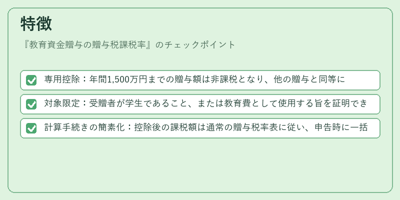 特徴（教育資金贈与の贈与税課税率）の図解