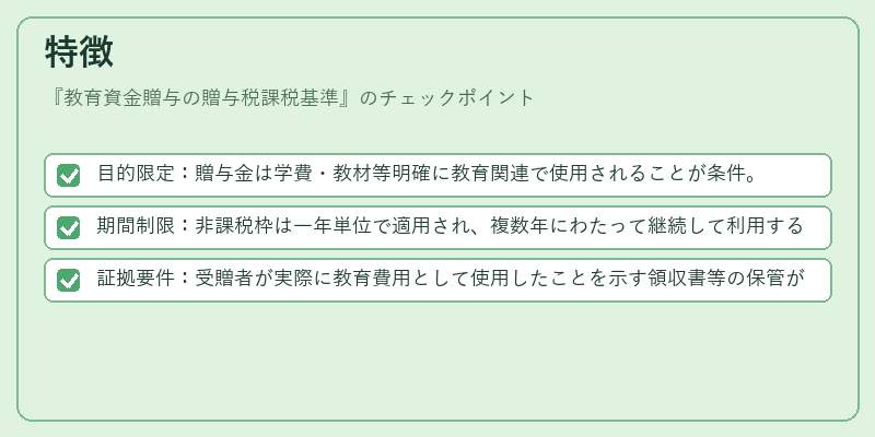 特徴（教育資金贈与の贈与税課税基準）の図解