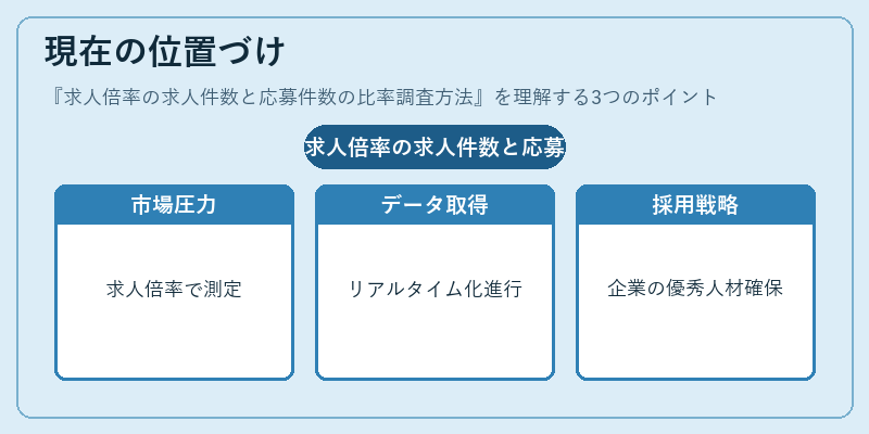 現在の位置づけ(求人倍率の求人件数と応募件数の比率調査方法)の図解