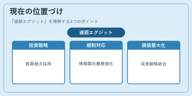 現在の位置づけ（遅期エグジット）の図解